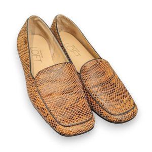 Ann Taylor Loft Snake Print Leather Loafer Flats Sz 9M Golden Brown, Black Trim